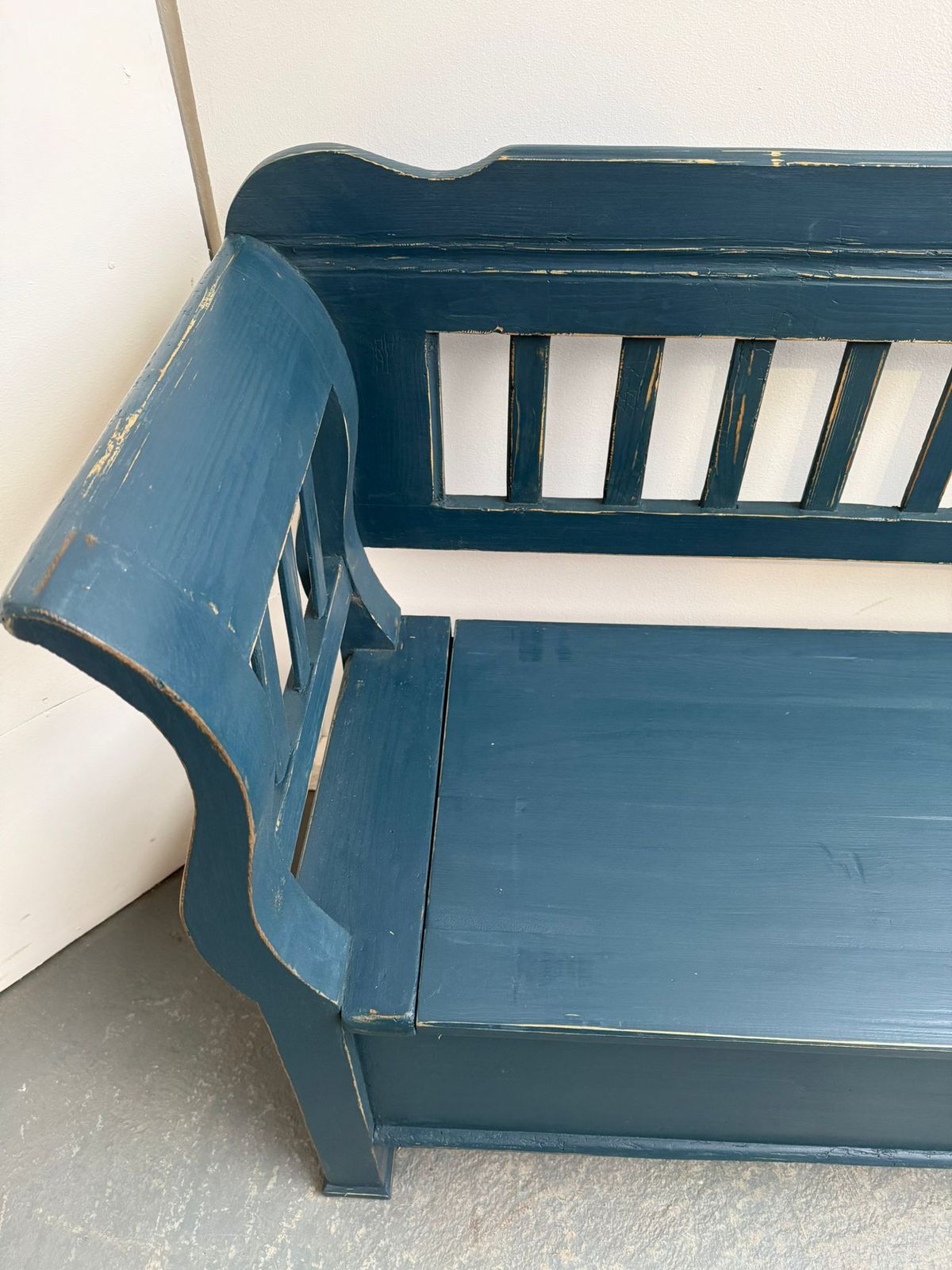 photo furniture A Genuine Hungarian Pine Painted Blue Victorian 3/4 Seater Bench