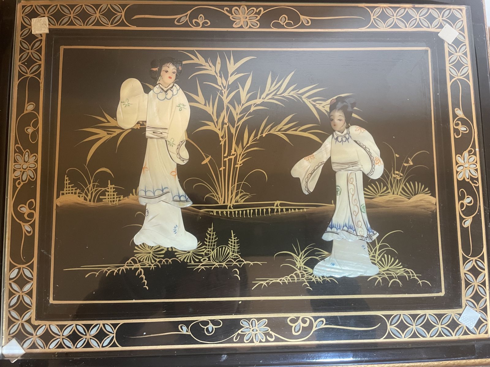 Set Of 4 Vintage Chinoiserie Nesting Tables | Black Lacquer & Mother Of Pearl Inlay photo Furniture