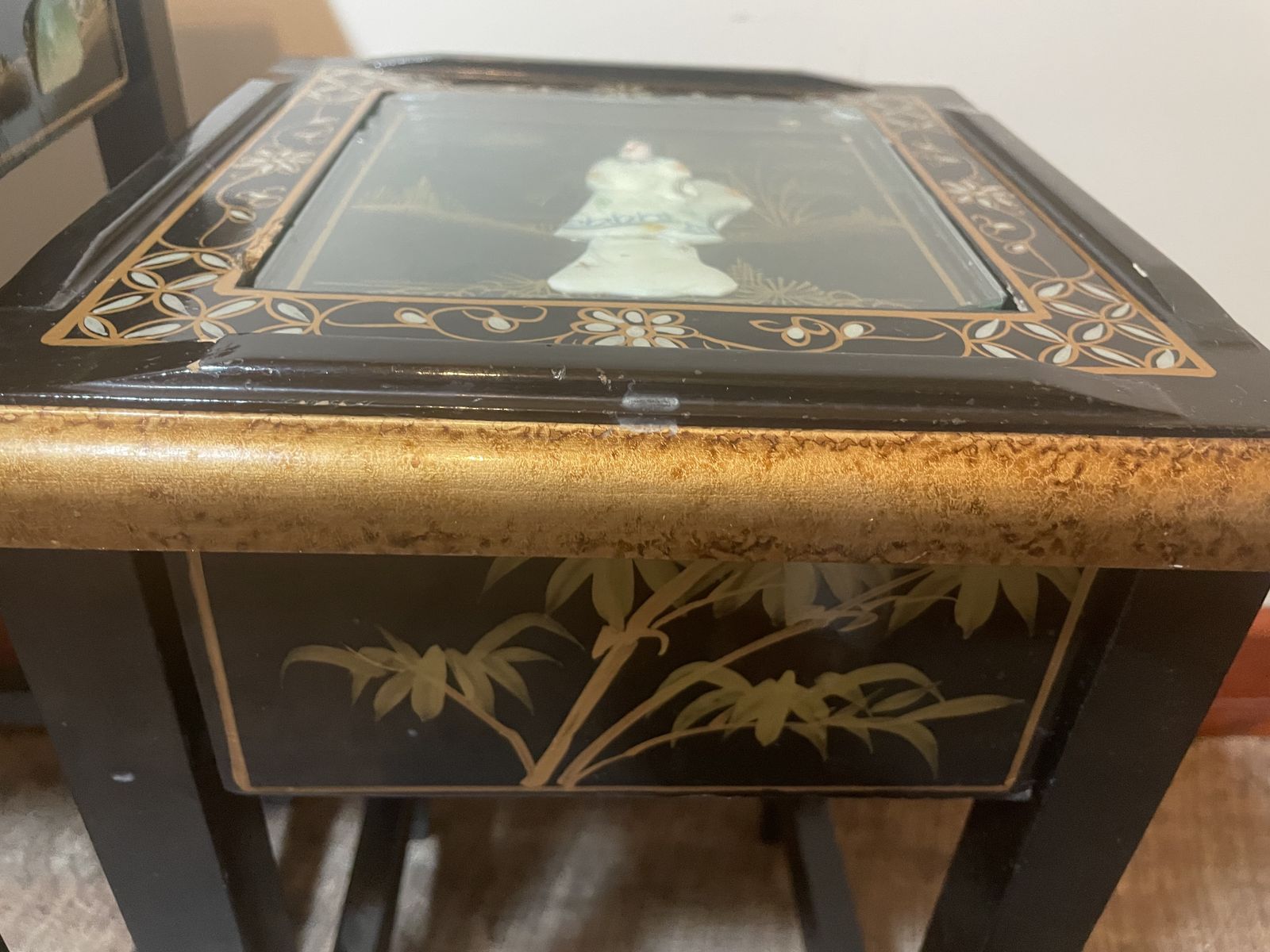 Set Of 4 Vintage Chinoiserie Nesting Tables | Black Lacquer & Mother Of Pearl Inlay photo vintage