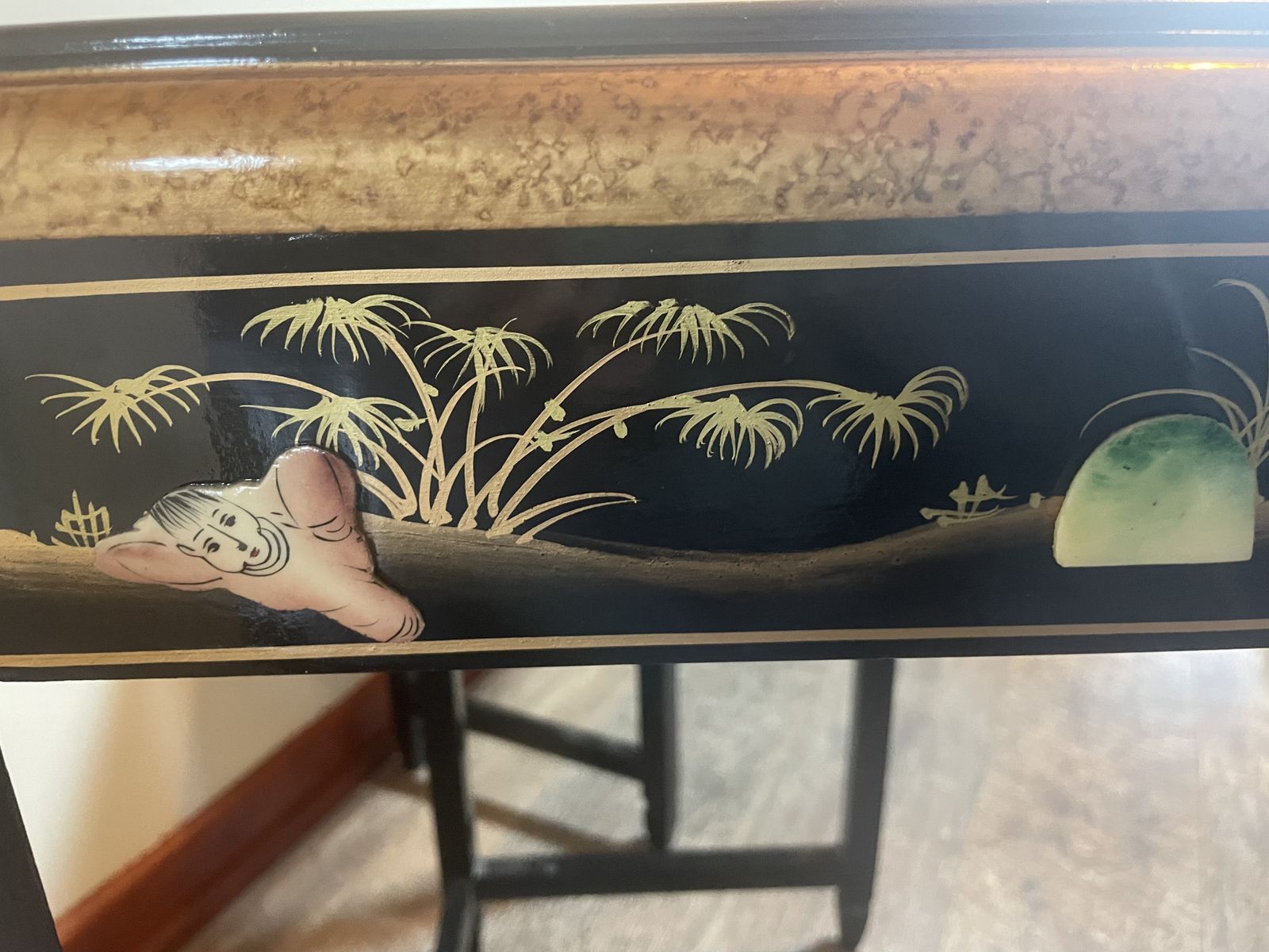 285.0 Set Of 4 Vintage Chinoiserie Nesting Tables | Black Lacquer & Mother Of Pearl Inlay photo