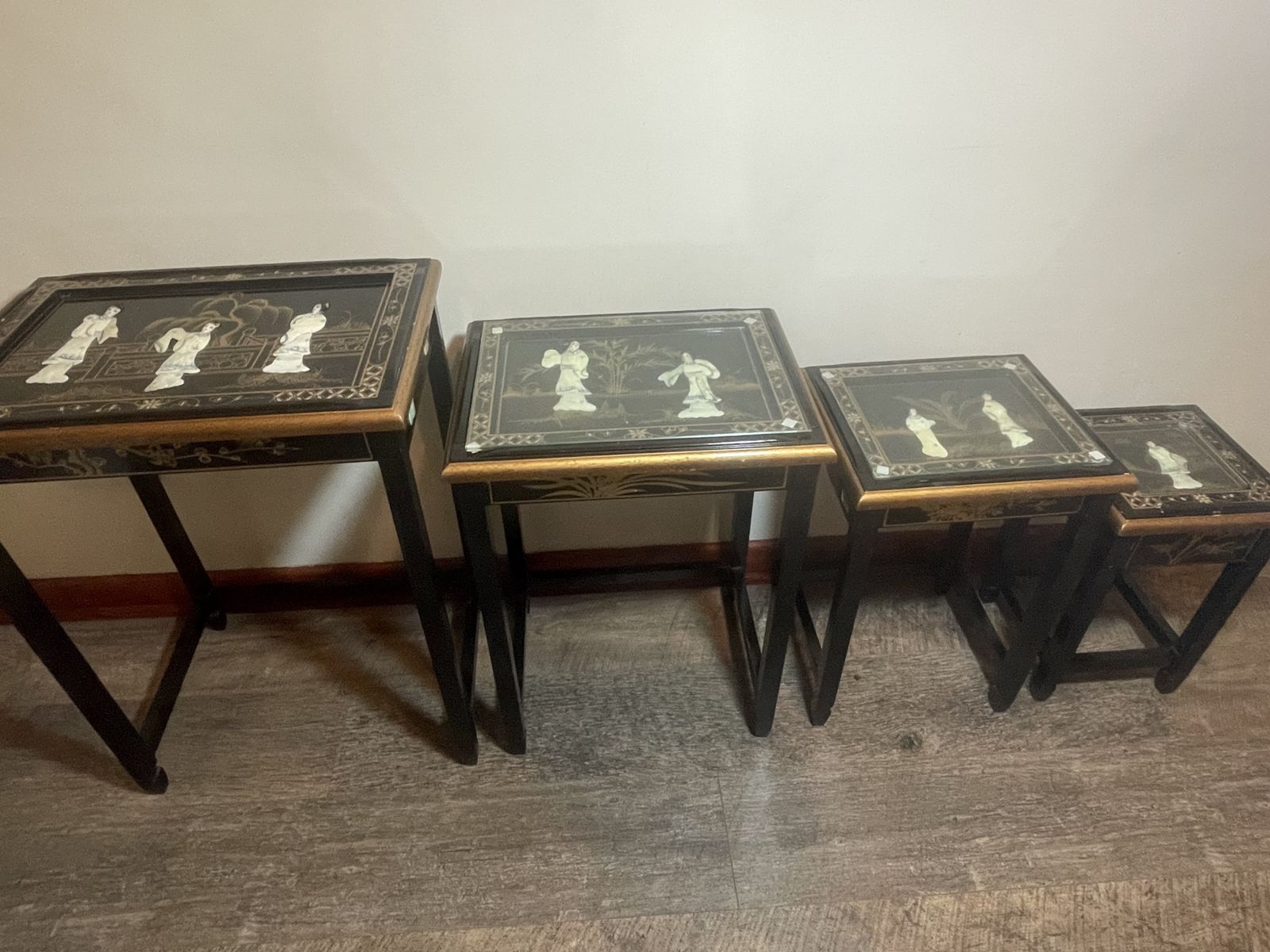 Set Of 4 Vintage Chinoiserie Nesting Tables | Black Lacquer & Mother Of Pearl Inlay