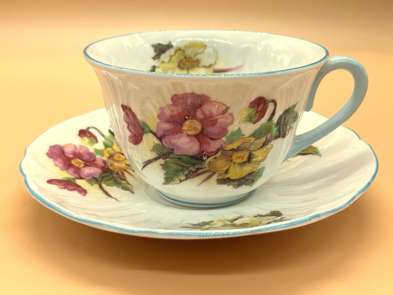 Vintage Shelley China Begonia Blue Trim Design Oleander Shape Cup And Saucer Duo. C1940. 13427.