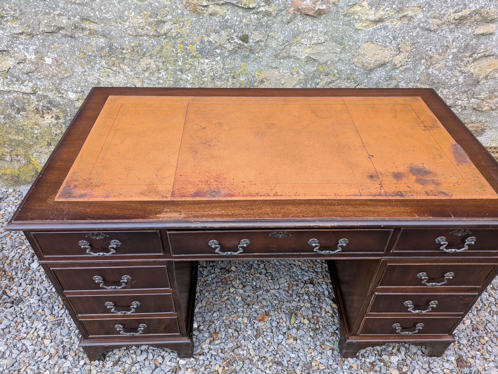 Vintage Tan Leather Top Captains Pedestal Desk photo furniture