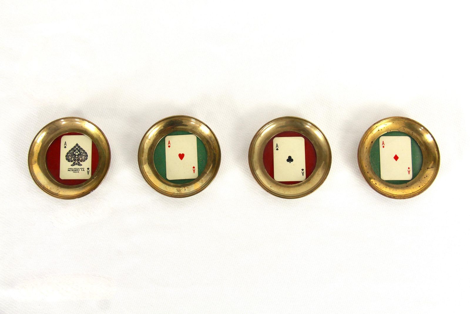 Poker D'assi, Antique Brass & Glass Coasters With Modiano Playing Cards, Italy, Set Of 4, 1950s photo furniture