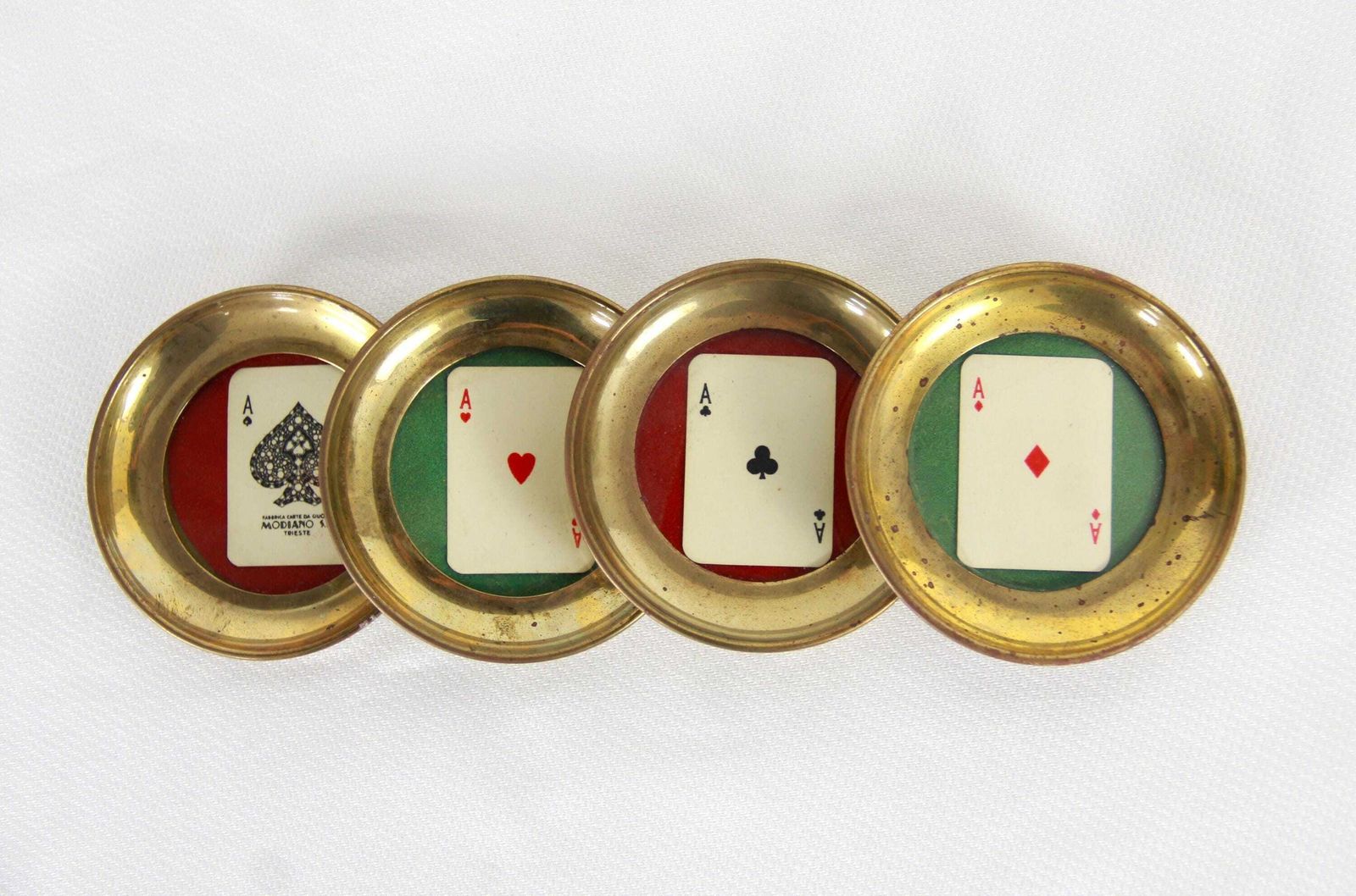 Poker D'assi, Antique Brass & Glass Coasters With Modiano Playing Cards, Italy, Set Of 4, 1950s photo for sale
