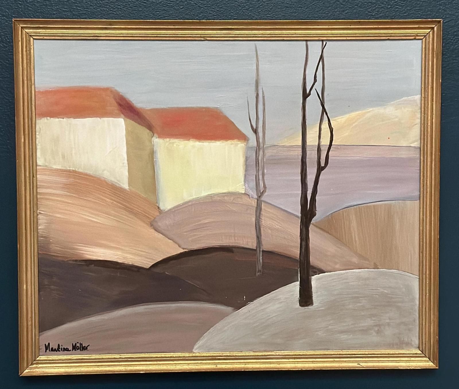 Original Swedish Oil On Panel – “Houses With Red Roofs” By Martina Möller – Contemporary – 54 × 45 Cm (21.3" × 17.7") photo furniture