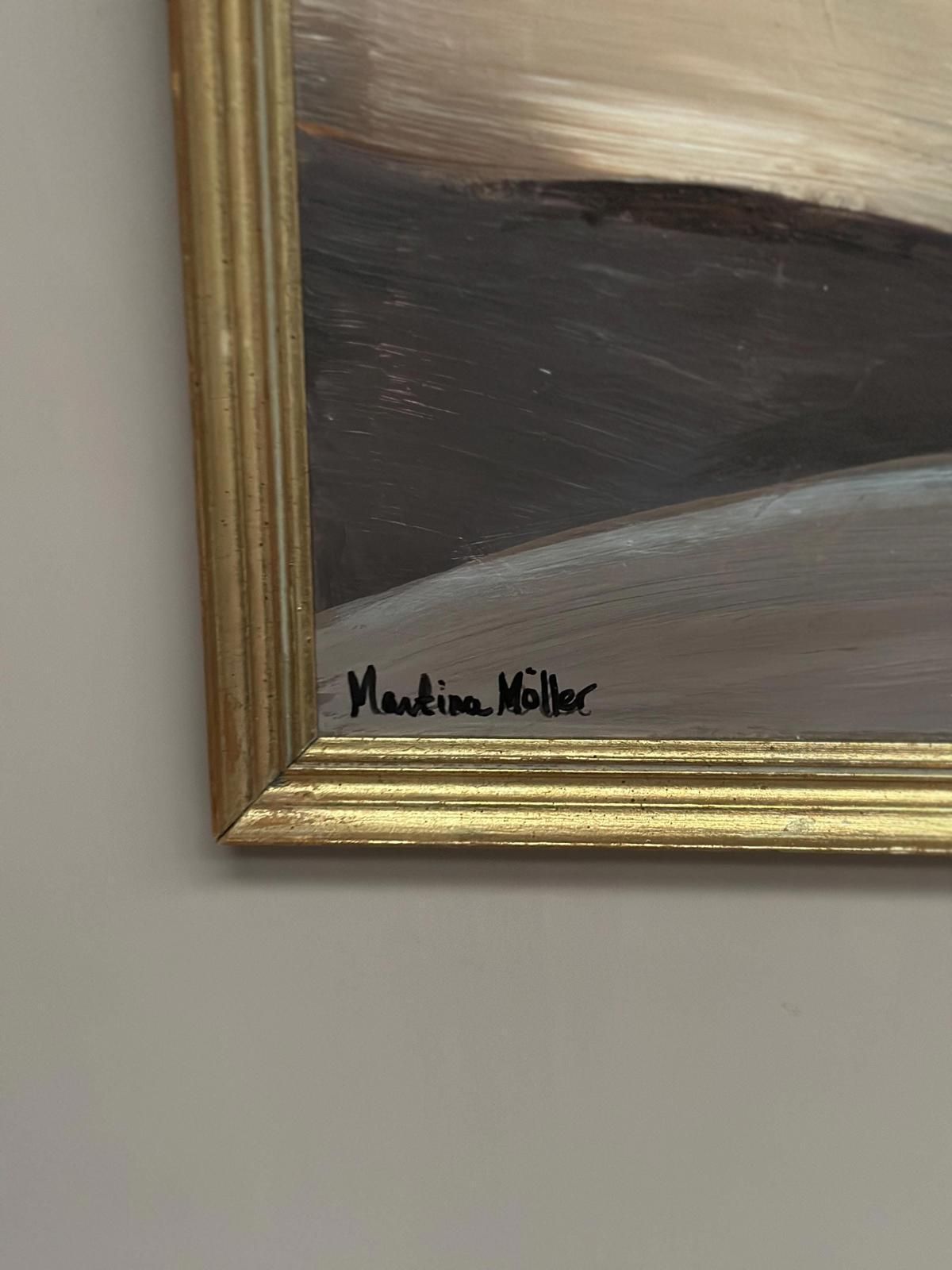 photo vintage Original Swedish Oil On Panel – “Houses With Red Roofs” By Martina Möller – Contemporary – 54 × 45 Cm (21.3" × 17.7")