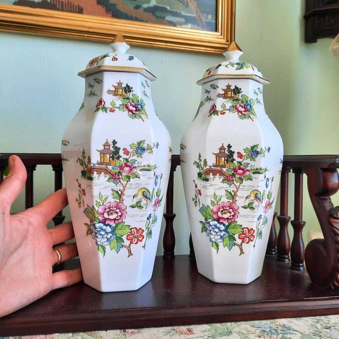 Crown China Pagoda Ginger Jars Pair Made In England 11'' Tall, Chinoiserie Porcelain Lidded Jars