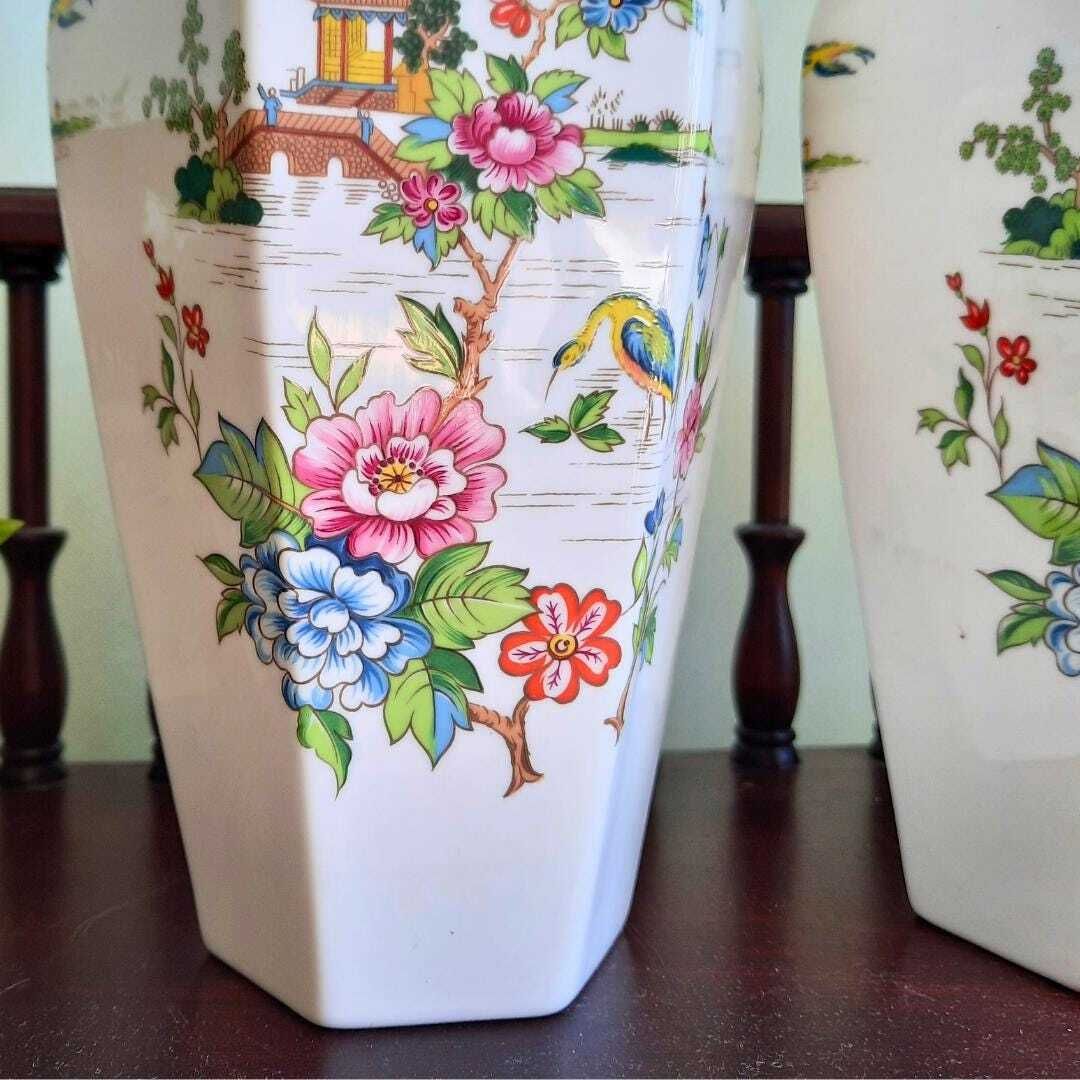 Crown China Pagoda Ginger Jars Pair Made In England 11'' Tall, Chinoiserie Porcelain Lidded Jars photo 80.0