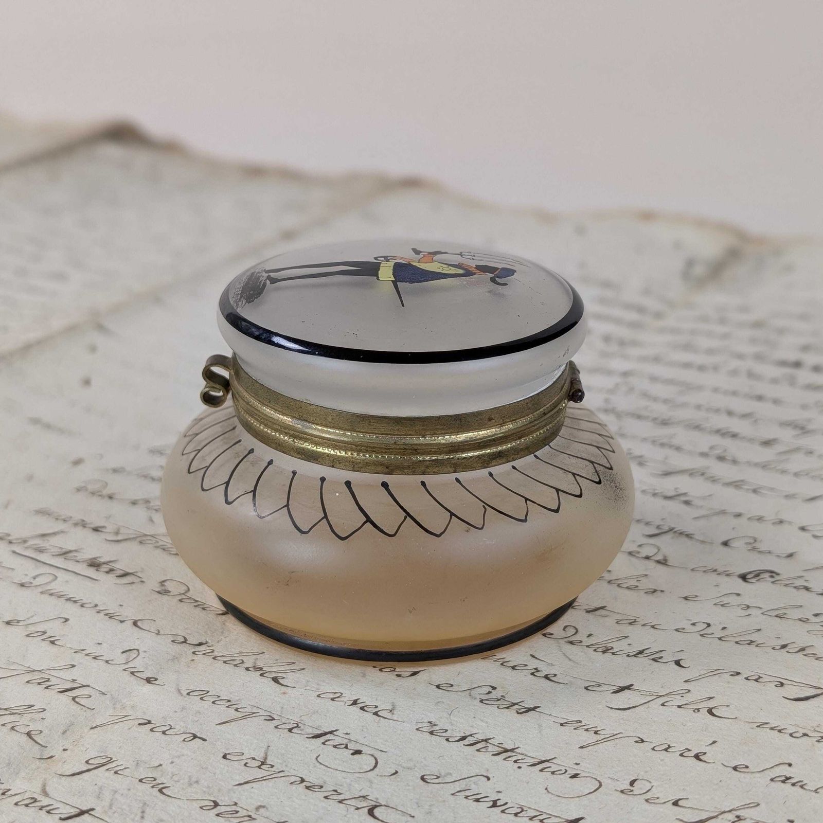 French Frosted Glass Trinket Box, Vintage Satin Glass 1940s Silhouette Vanity Jar Hinged Pill Box photo for sale
