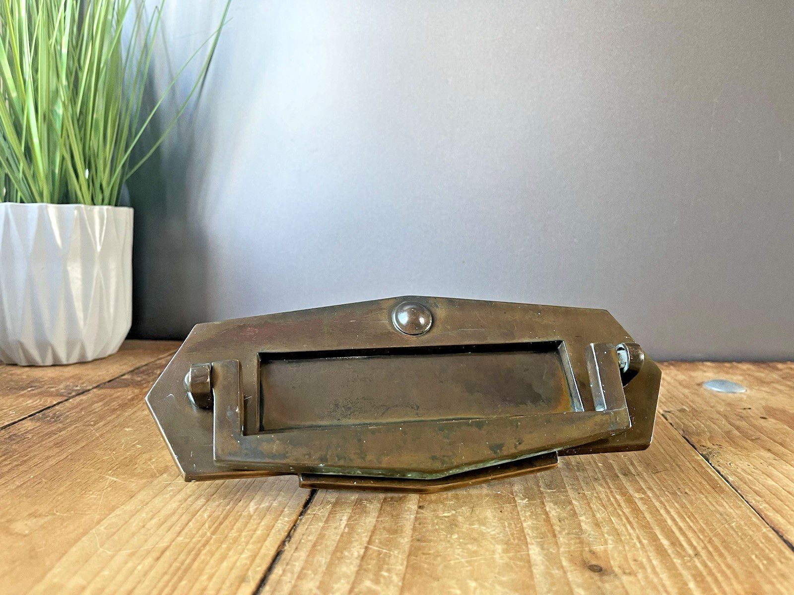 Reclaimed Antique Art Deco Bronze Brass Door Knocker Letter Box Mail Post Slot photo Home Fixtures