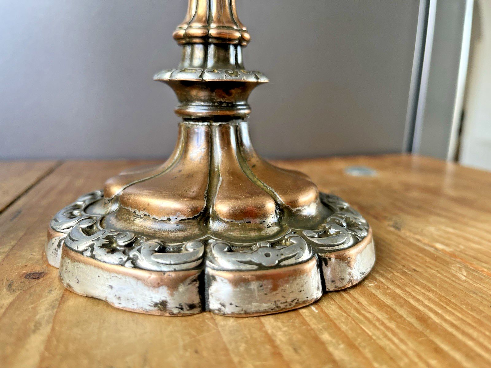 Pair Of Antique French Louis XV Style Rococo Copper & Silver Plated Candlesticks photo for sale