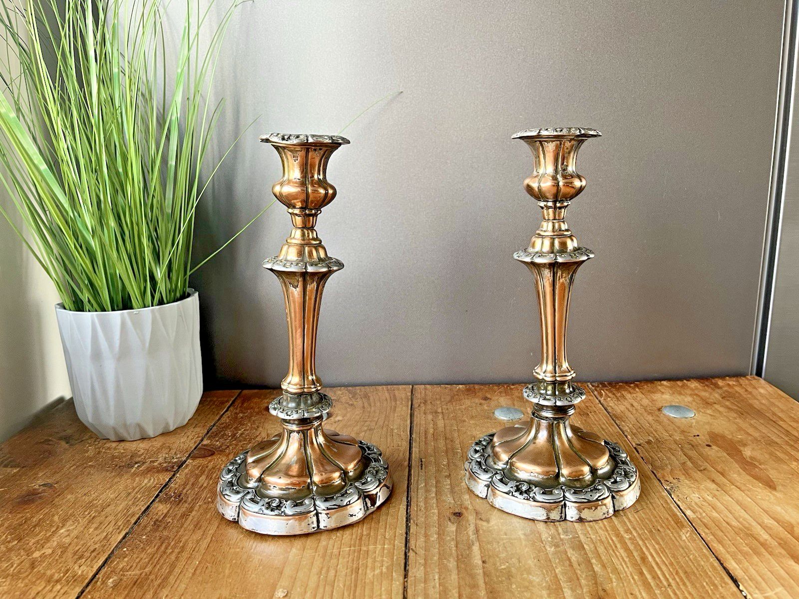 Pair Of Antique French Louis XV Style Rococo Copper & Silver Plated Candlesticks photo 110.0