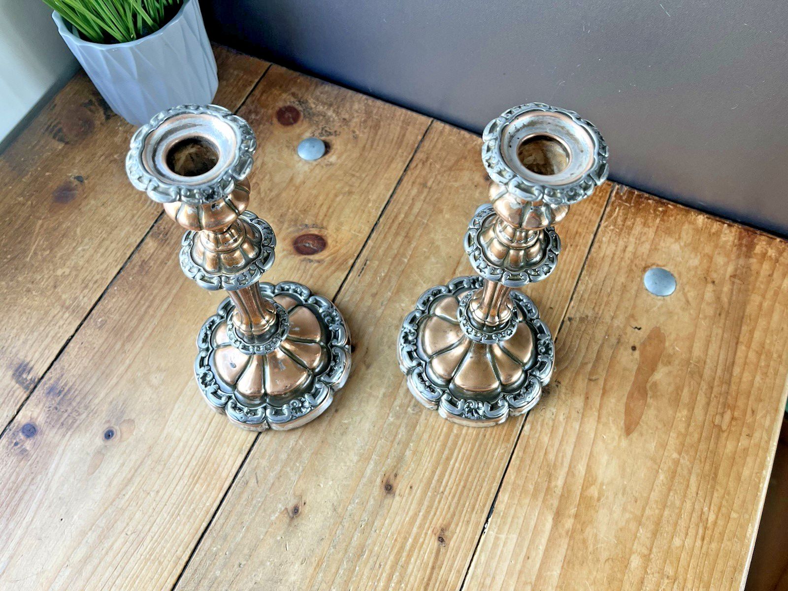 photo for sale Pair Of Antique French Louis XV Style Rococo Copper & Silver Plated Candlesticks