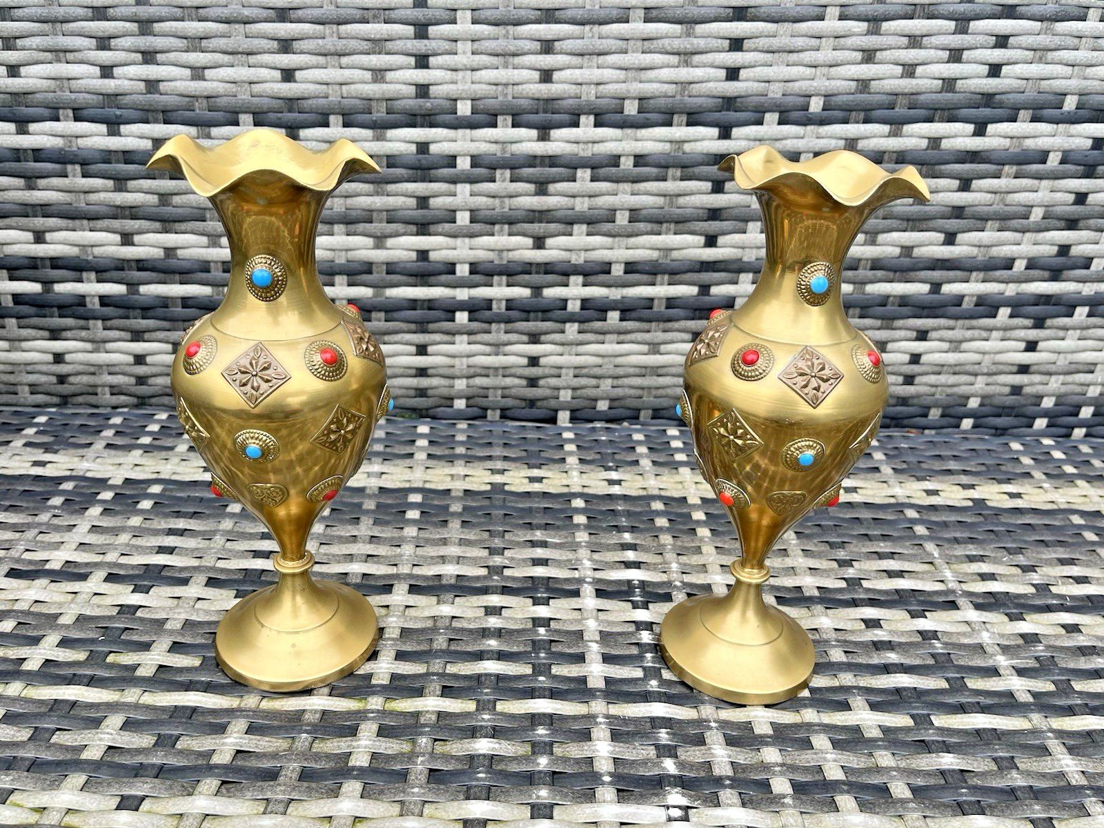 photo vinterior Pair Vintage 10" Indian Brass Cabochon Jewelled Middle Eastern Style Vases 60's