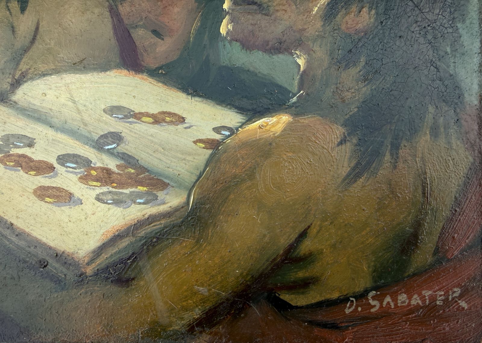 Daniel Sabater Salabert Grotesque Expressionist Figural Scene Paris Symbolist Spanish Oil Painting 1940s photo furniture