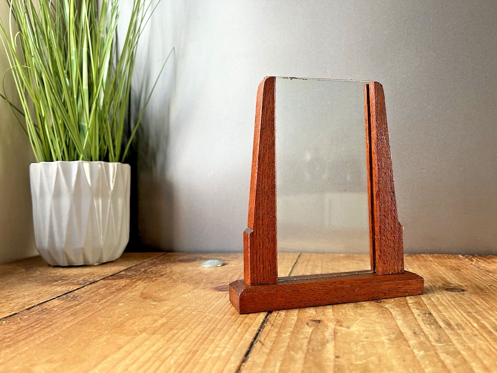 Antique Art Deco Stepped Teak Wood Glass Picture Photo Frame Skyscraper Vintage