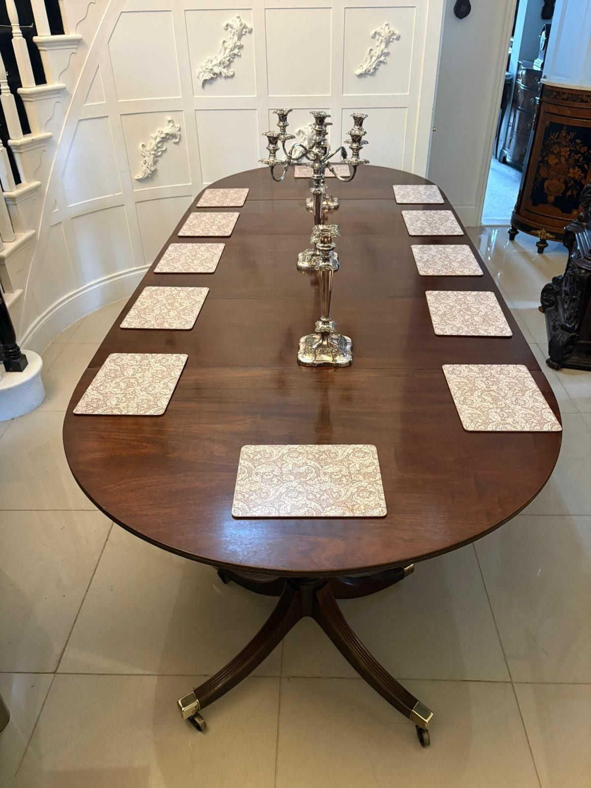 Antique Mahogany Triple Pillar Dining Table 12–14 Seater Extending With Two Leaves photo for sale