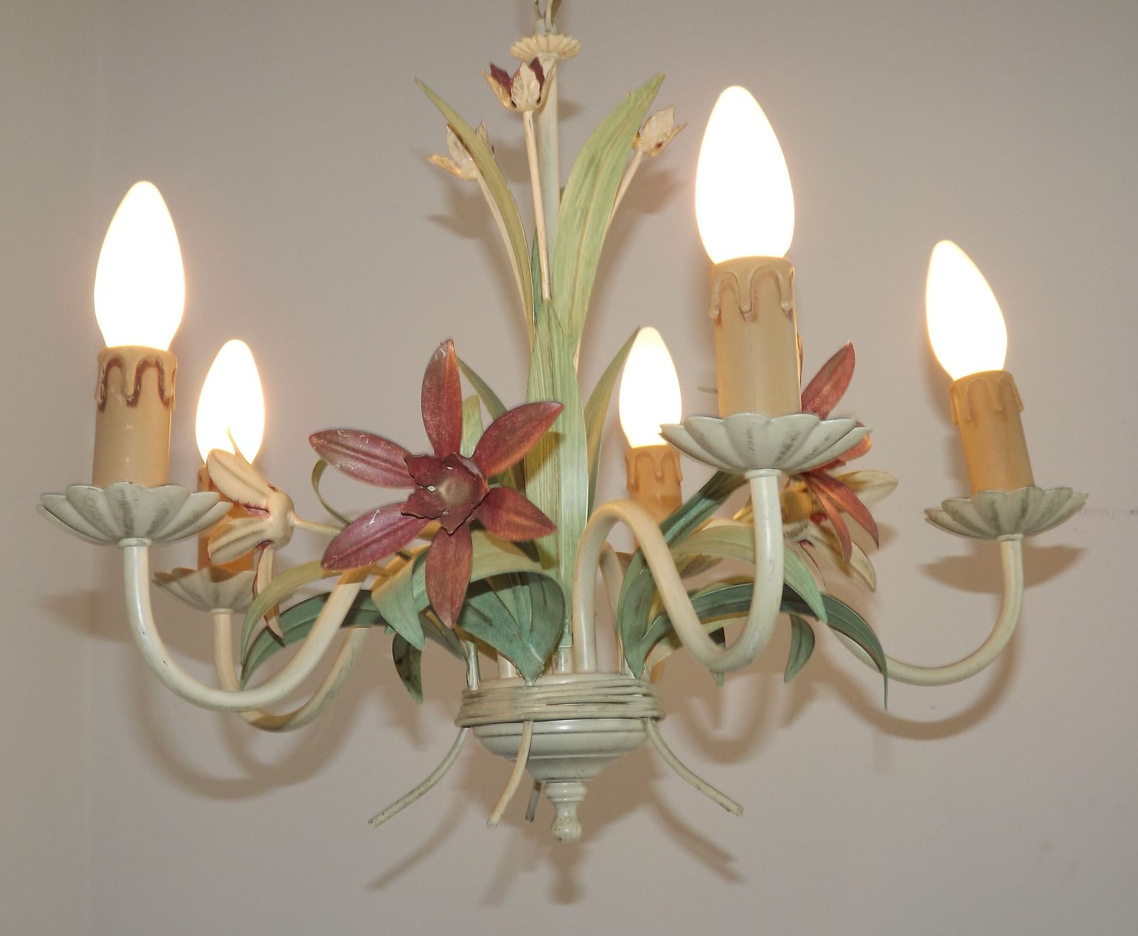 photo buy 5 Light Vintage Italian Chandelier, Mathias Toleware Bouquet, Pink Flowers