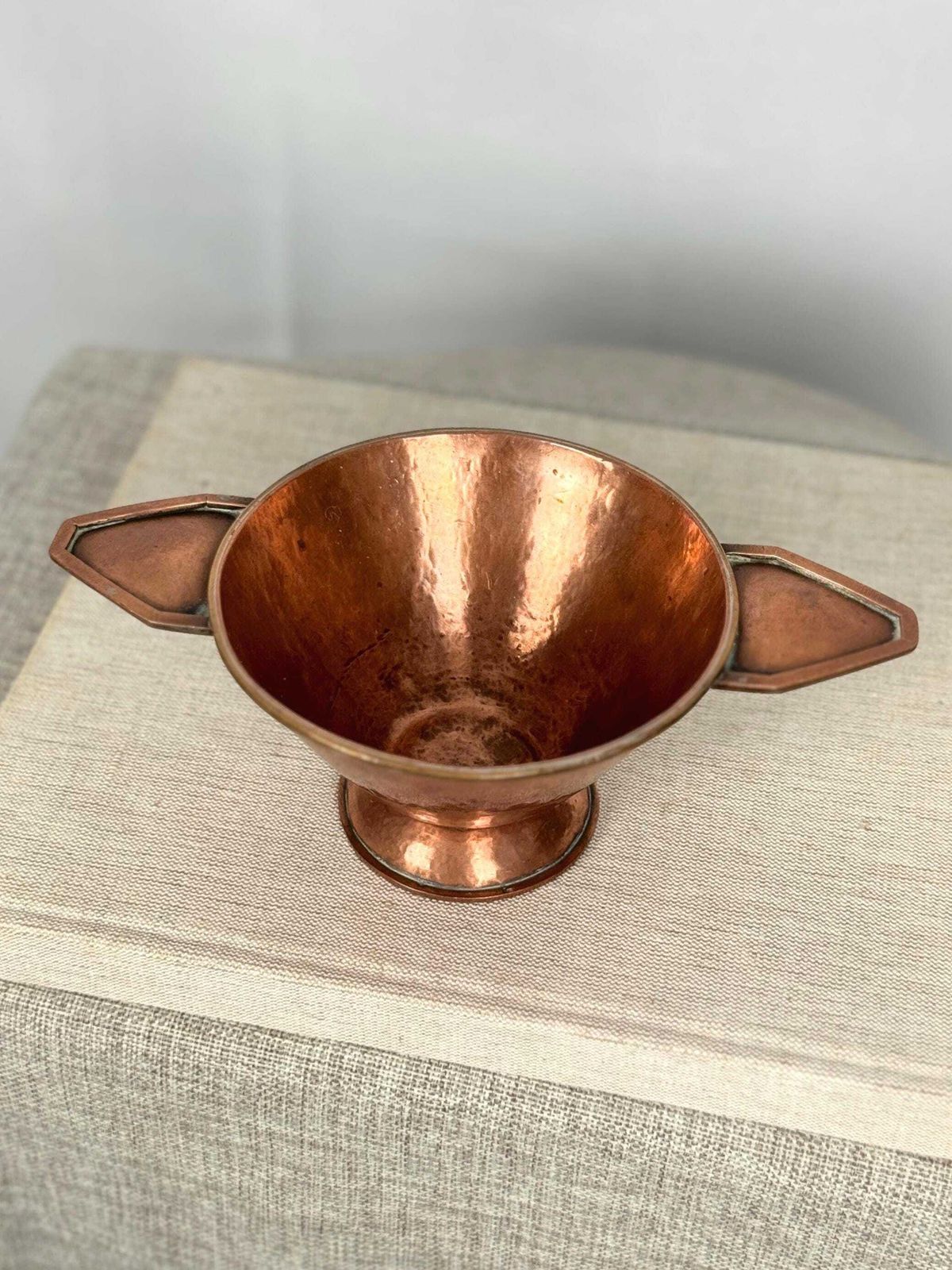 Antique Arts & Crafts Copper Bowl | Hand Hammered Pedestal Bowl With Handles | Early 20th Century Copper Dish