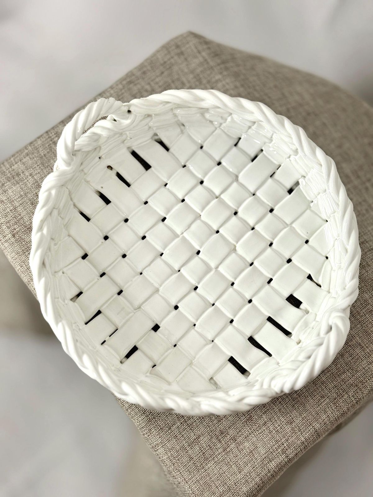 Vintage Italian Ceramic Basket Tray | White Woven Pottery Tray | Italian Lattice Dish