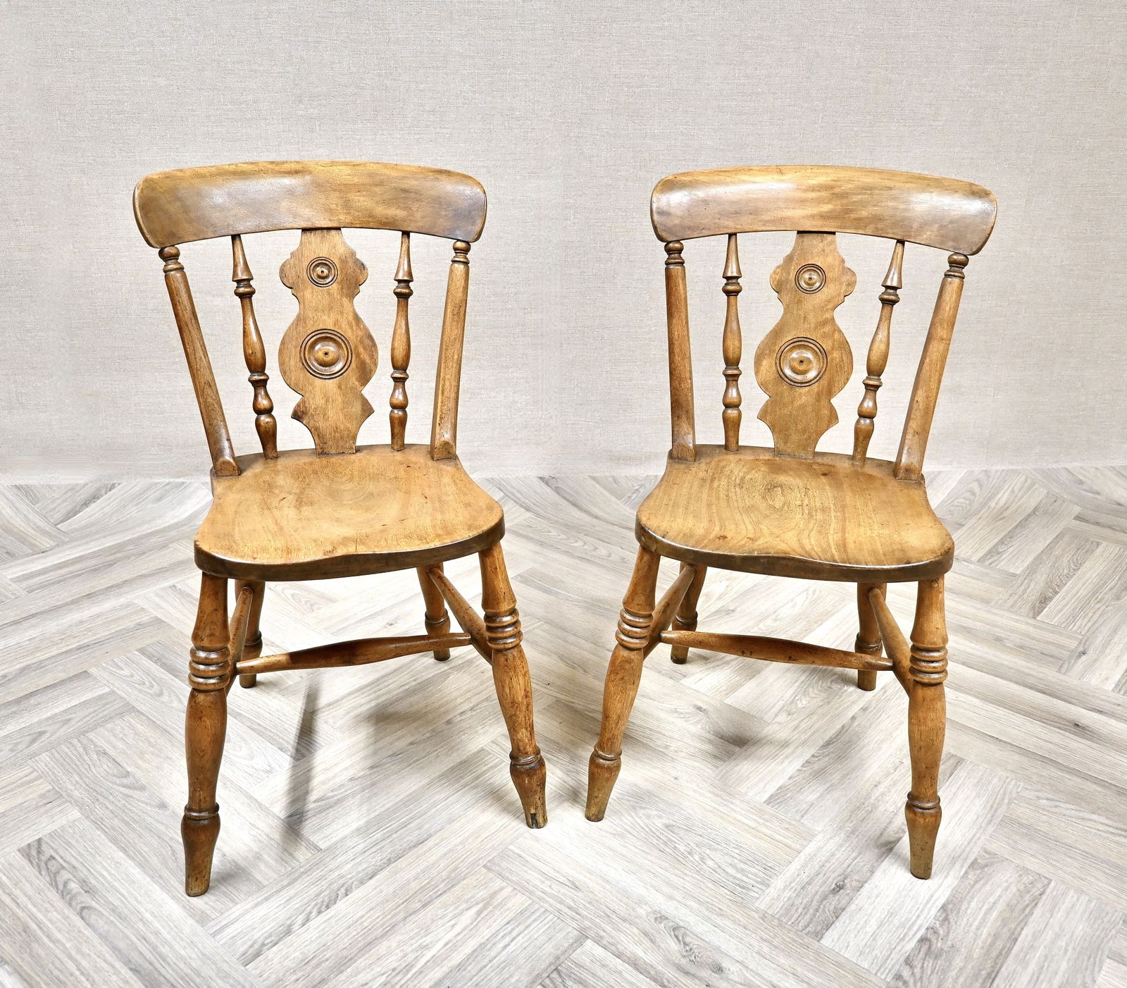 Pair Of Antique 'Double Bullseye' Windsor Kitchen Dining Chairs