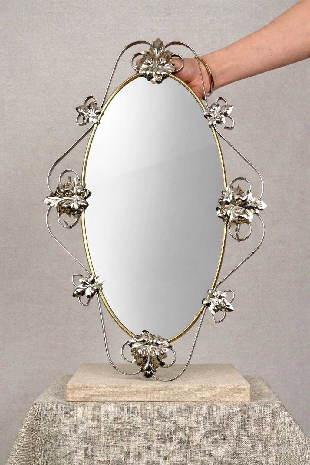 Italian Art Nouveau Mirror With Hooks | European Oval Vanity Mirror | Brass & Chrome Mirror photo for sale