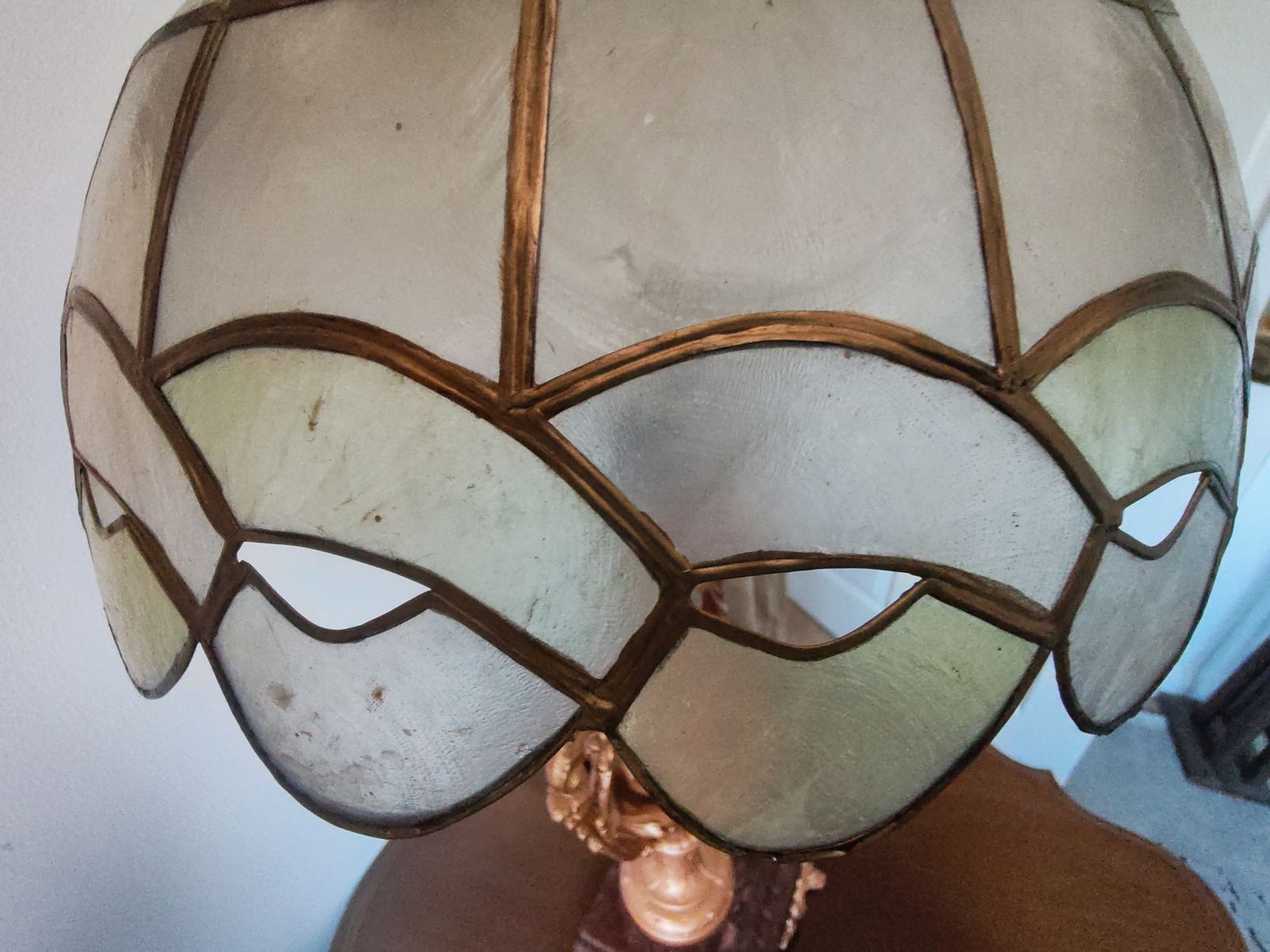 Large 19th Century Louis XVI Revival Table Lamp – Hand Etched Cast Iron & Marble Base With Mother Of Pearl Shade photo for sale