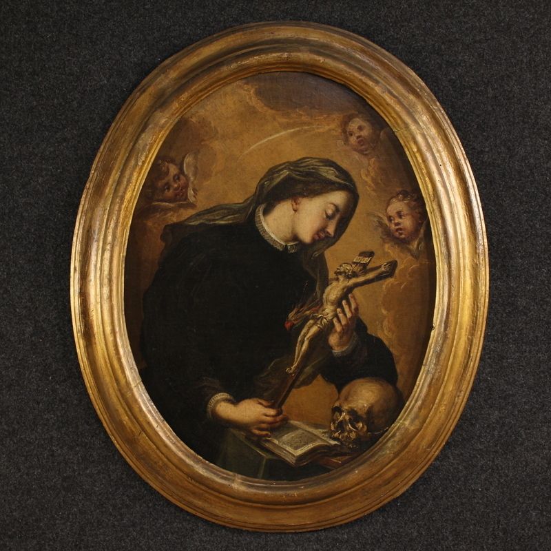 Antique Oval Painting Of Saint Catherine Of Genoa From The 17th Century