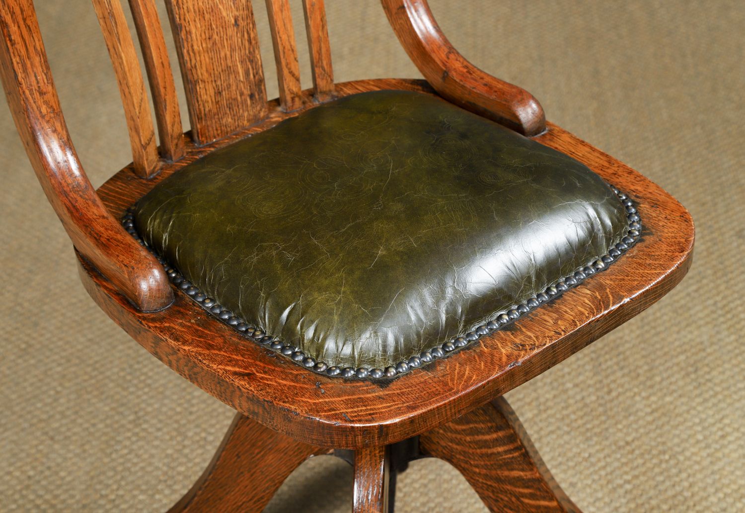 Antique English George V Oak & Green Leather Revolving Office Chair (Circa 1920) photo buy