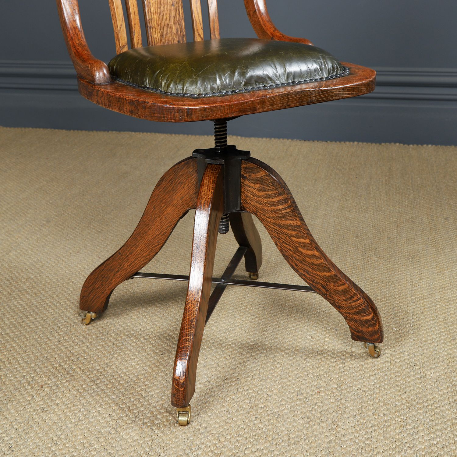 photo furniture Antique English George V Oak & Green Leather Revolving Office Chair (Circa 1920)