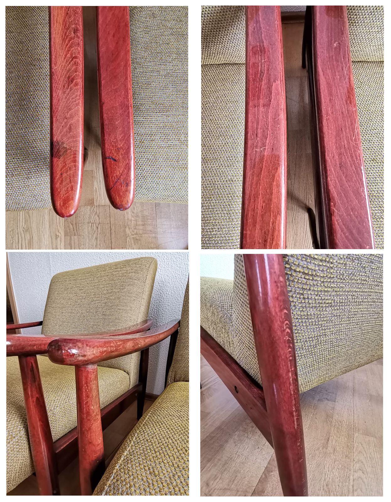 photo furniture 1 Van 3 Gele Fauteuils Met Gelakt Hout / Beklede Loungestoel Uit Joegoslavië, Jaren 1970