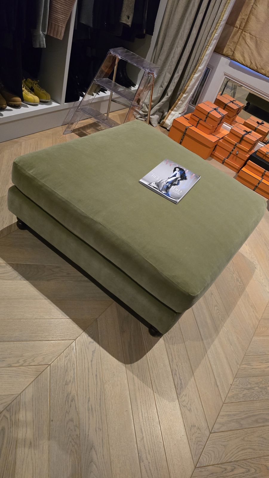 Olive Velvet Ottoman From  Soho Home 100cm X 100cm photo furniture