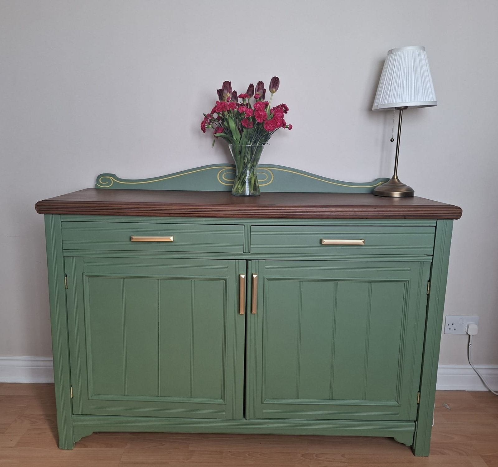 photo buy Artisan Sage Green Sideboard | Solid Wood & Brushed Brass | Fully Refined Interiortop & Brass Handles