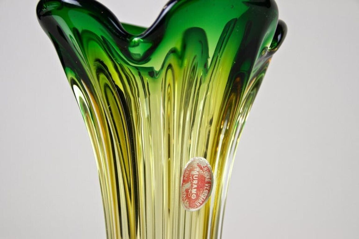 20th Century Murano Glass Vase Mid Century   Green/ Yellow, It Circa 1960/70 photo buy