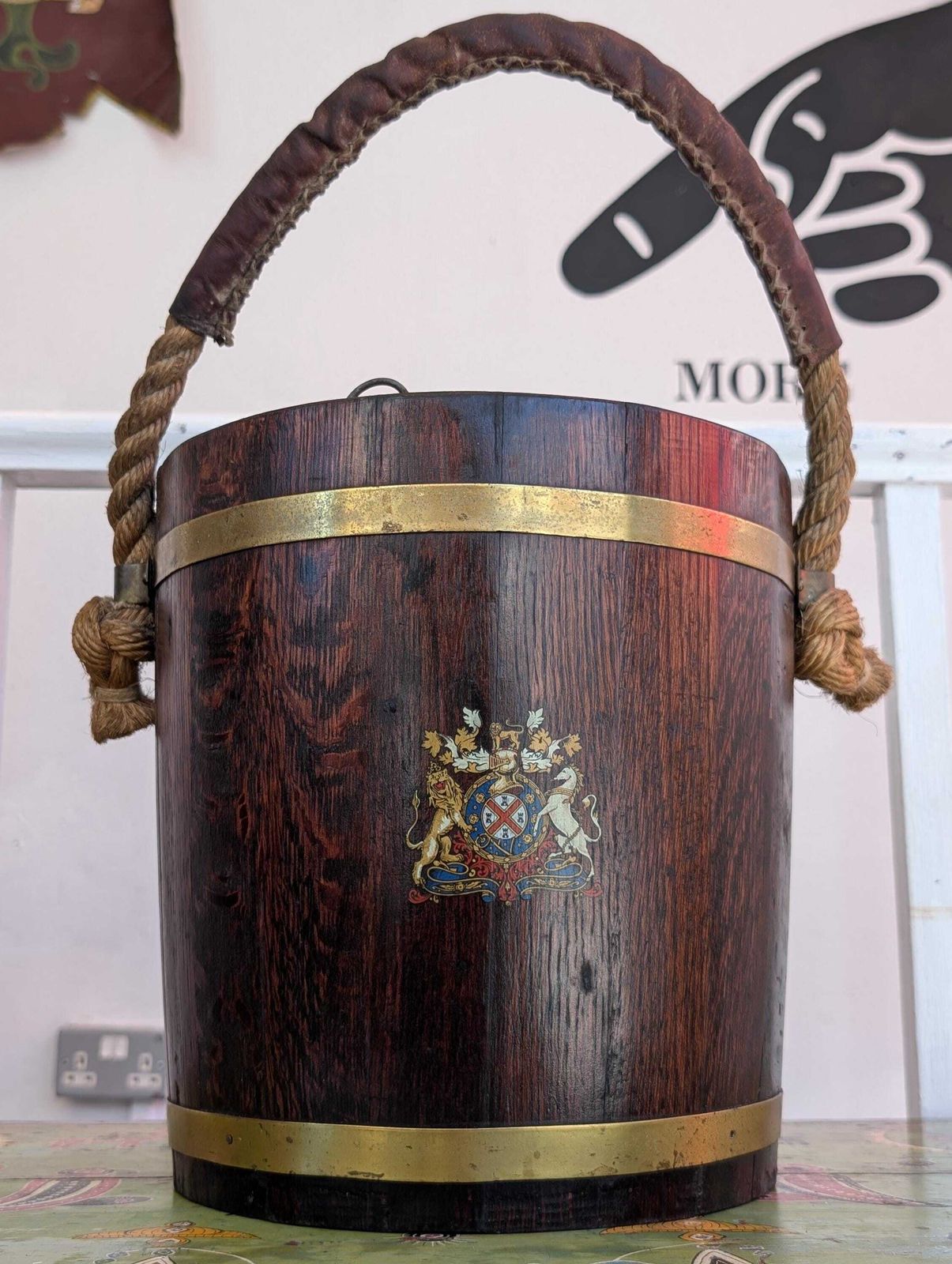 19th Century Brass Bound English Oak Naval Fire Bucket. photo buy