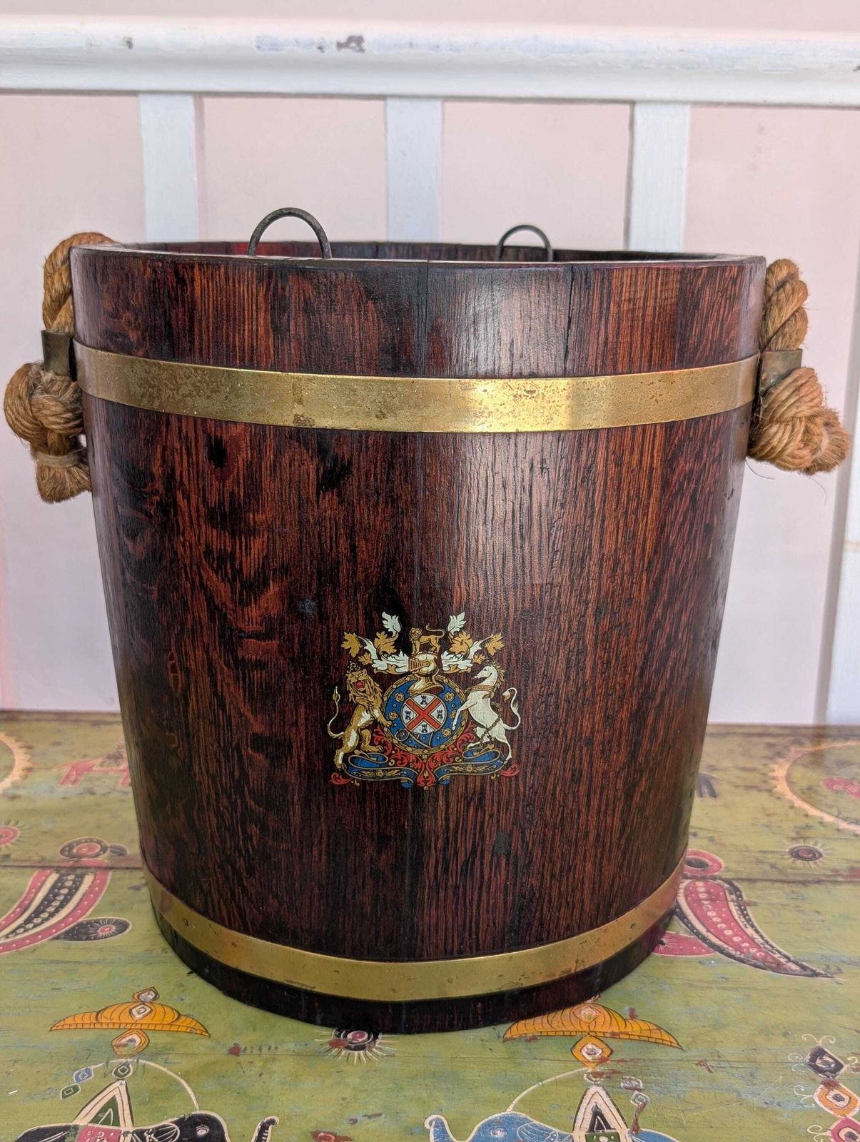 photo furniture 19th Century Brass Bound English Oak Naval Fire Bucket.