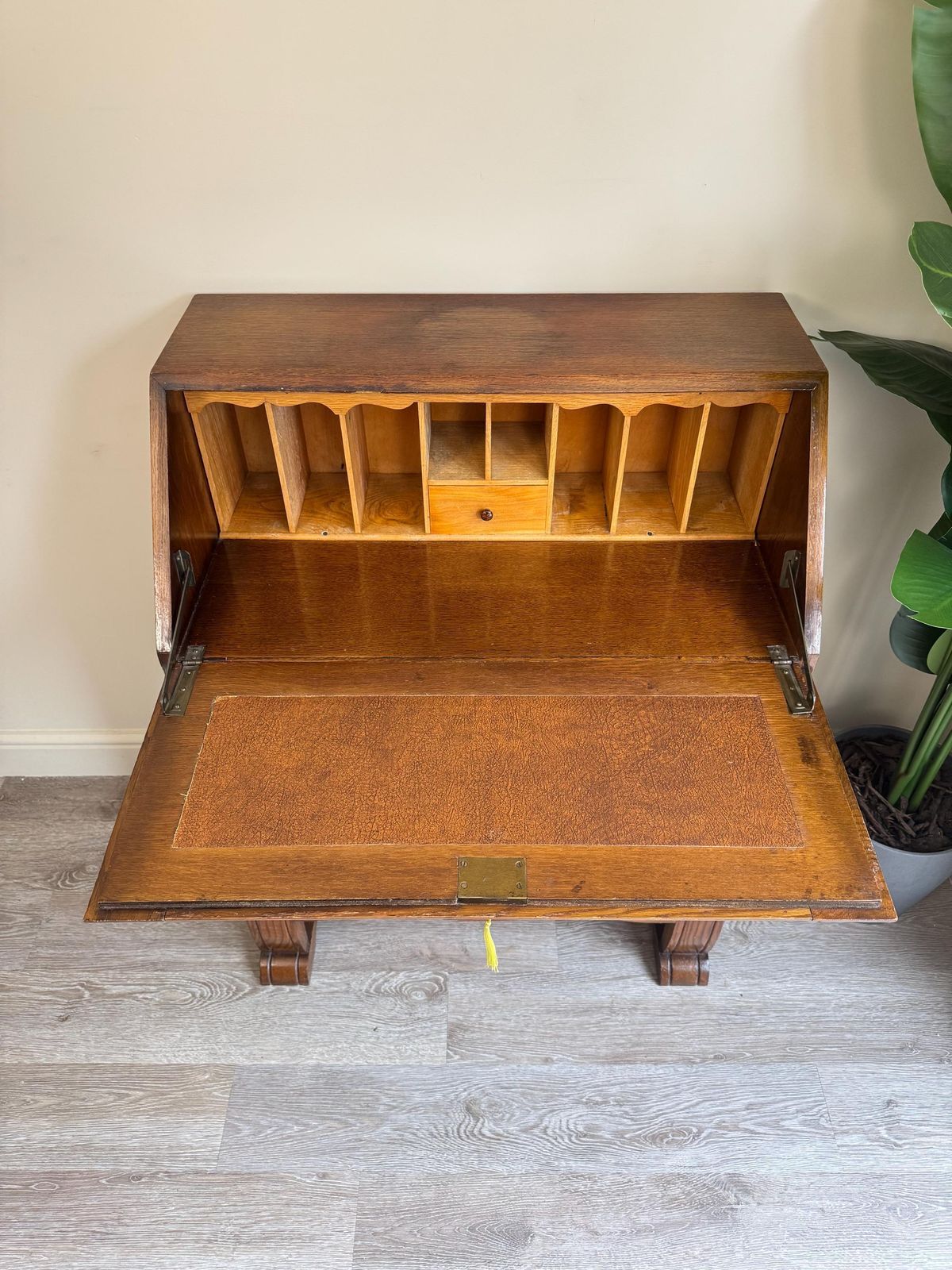 Furniture Solid Oak Wooden Art Deco Vintage Bureau Lockable Key Small Desk With Drawers photo