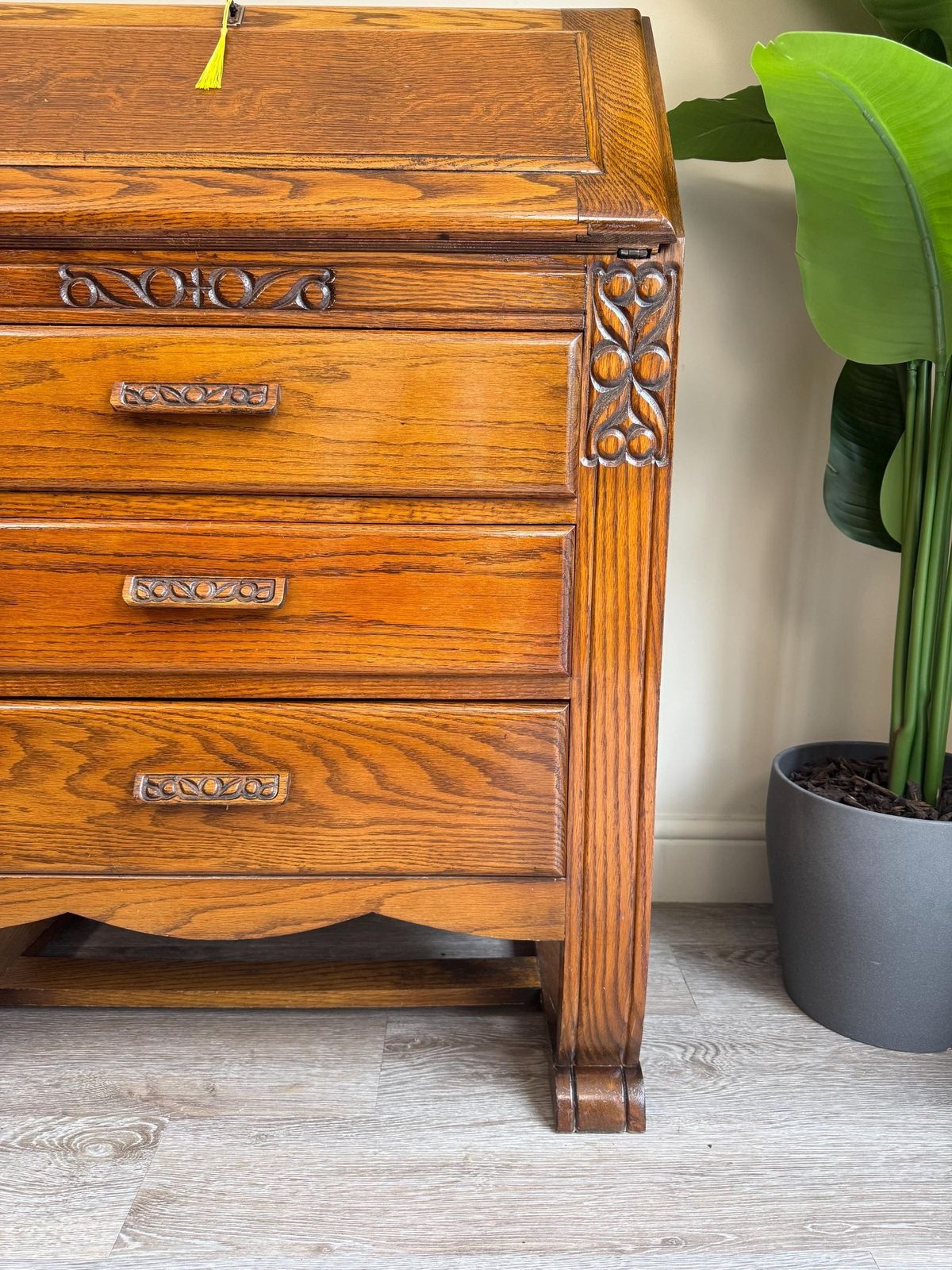 450.0 Solid Oak Wooden Art Deco Vintage Bureau Lockable Key Small Desk With Drawers photo