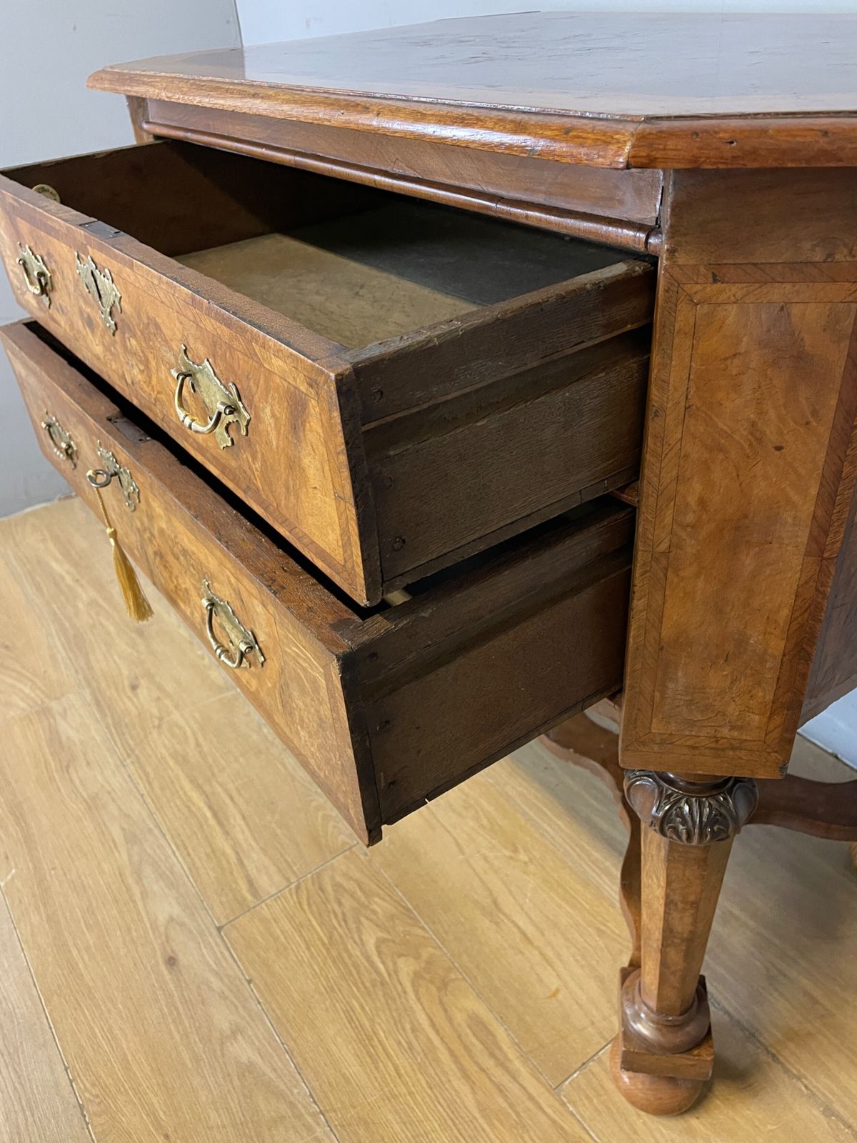 photo furniture Shoolbred And Co Burr Walnut Carved Lowboy Circa 1890