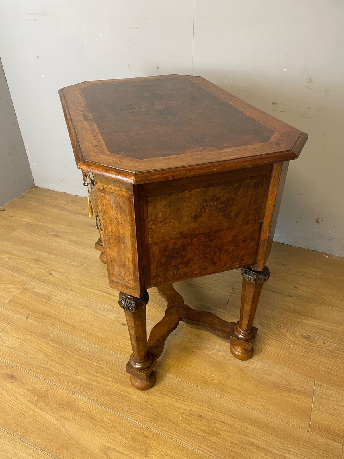 photo for sale Shoolbred And Co Burr Walnut Carved Lowboy Circa 1890
