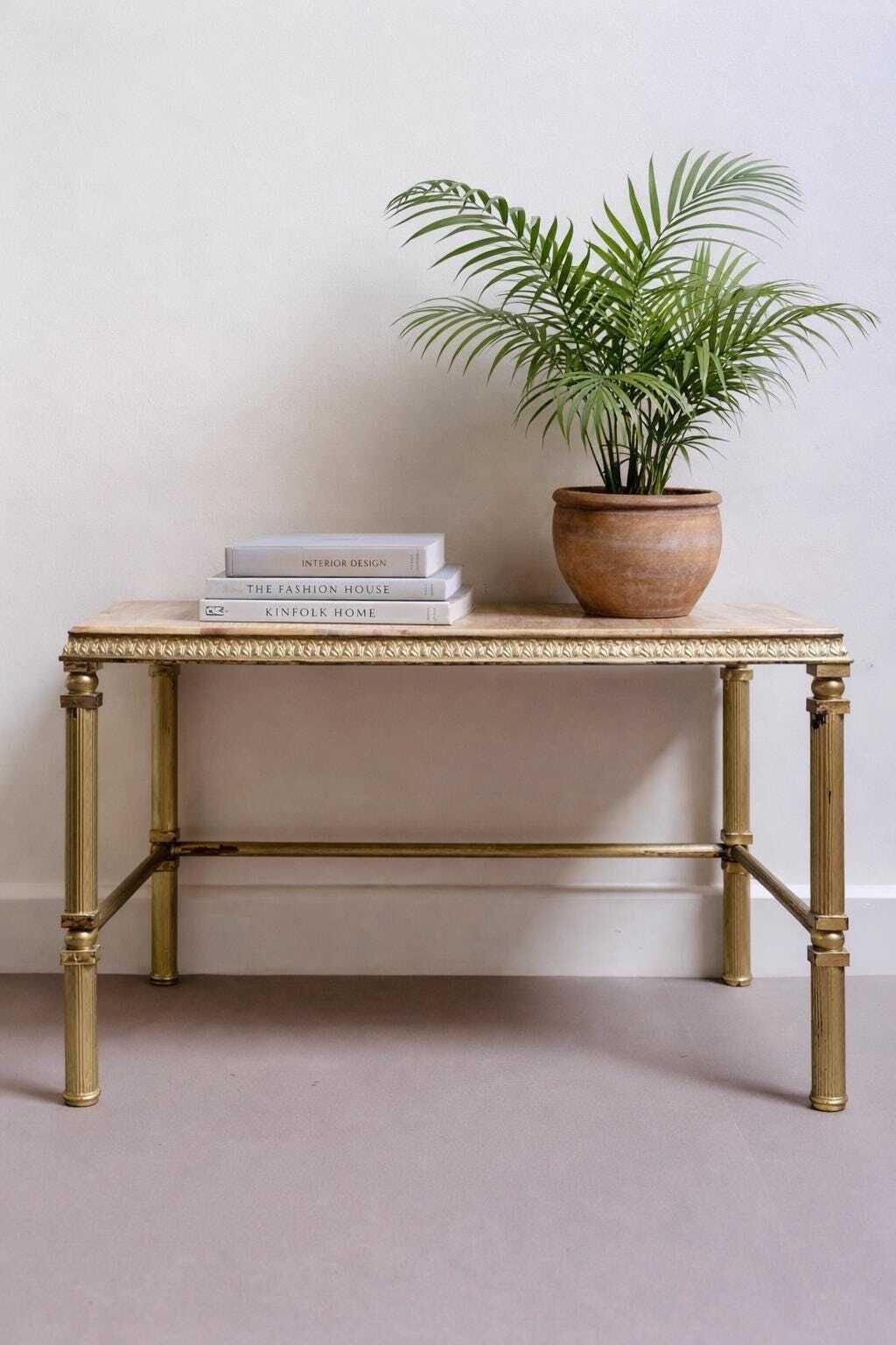 Vintage Brass Marble Side Table Maison Jansen Style 1970s Coffee Table Hollywood Regency Brass Accent Table