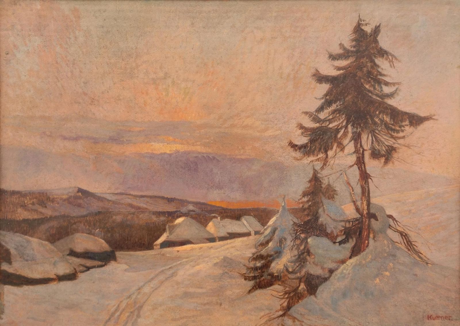 photo vinterior 20th Century Oil Painting – Sunset On The Snow