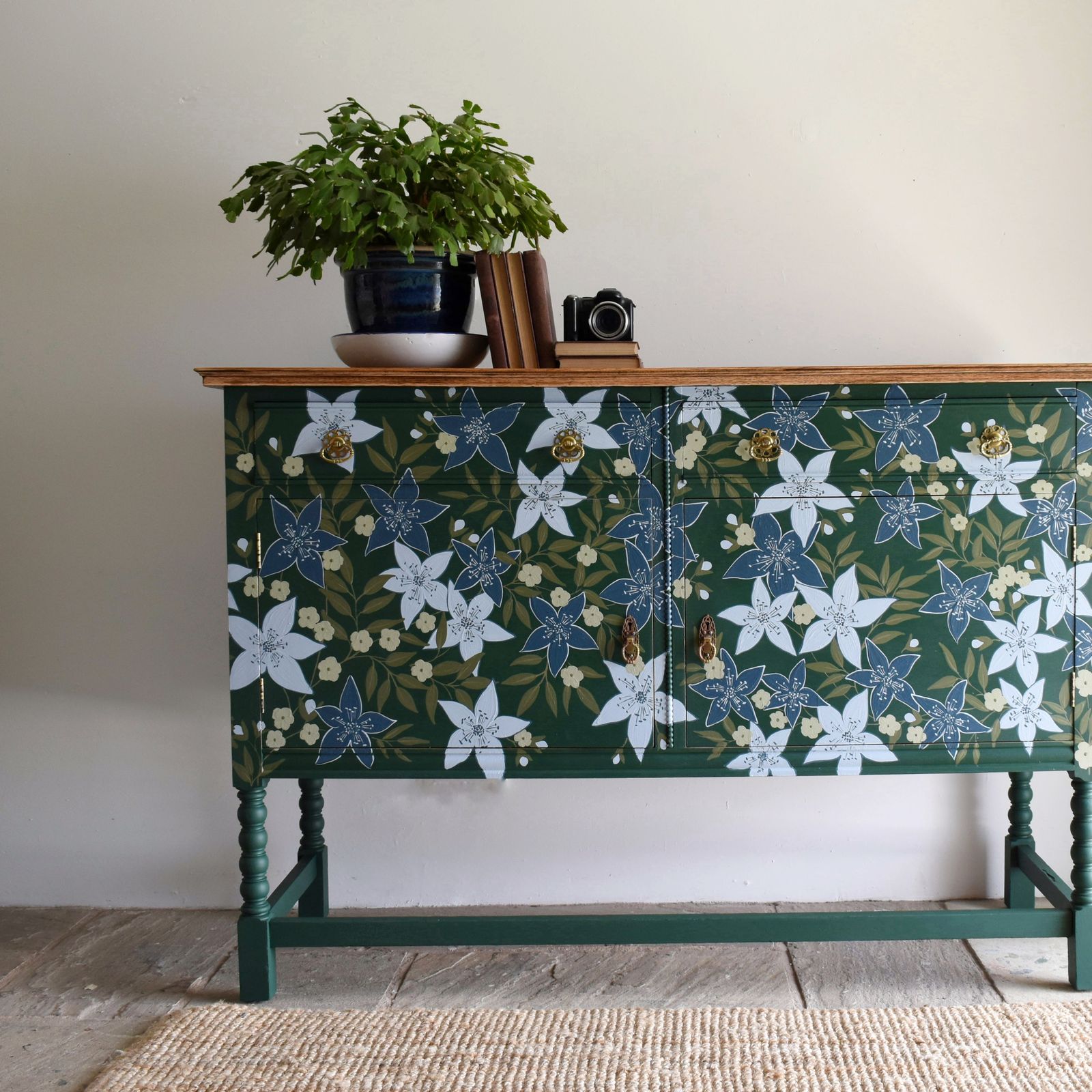 Hand Painted 'Hellebore' Oak Sideboard photo Furniture