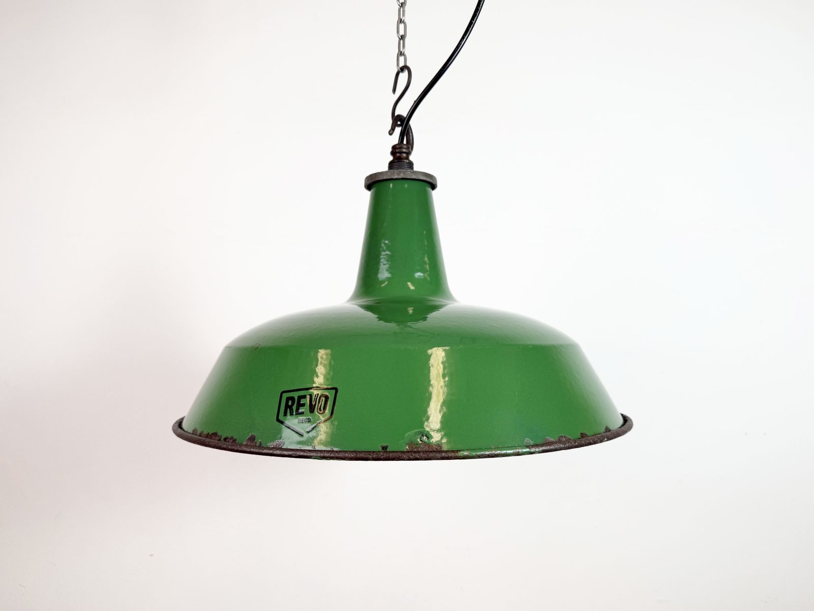 Industrial Green Enamel Factory Pendant Lamp From Revo, 1950s photo furniture