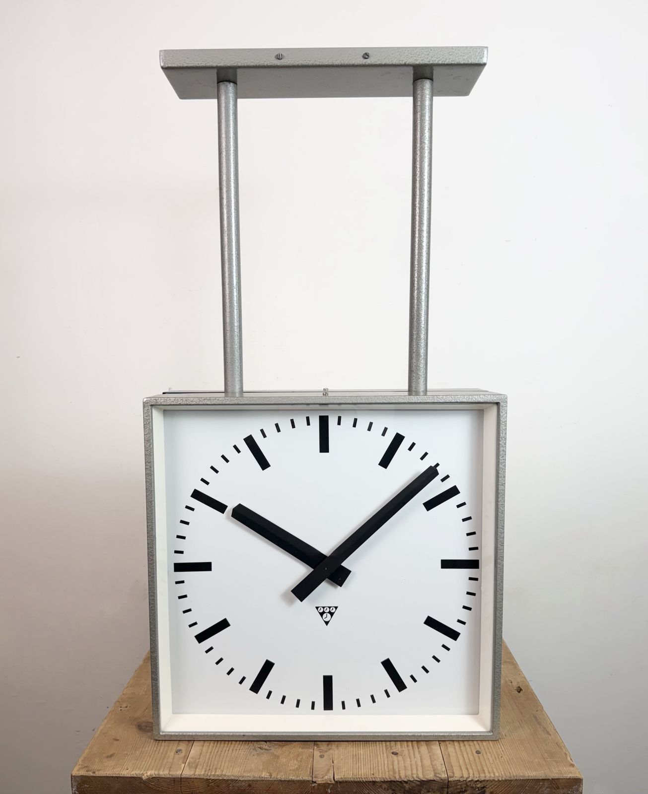 Large Square Industrial Double Sided Factory Clock From Pragotron, 1960s photo furniture