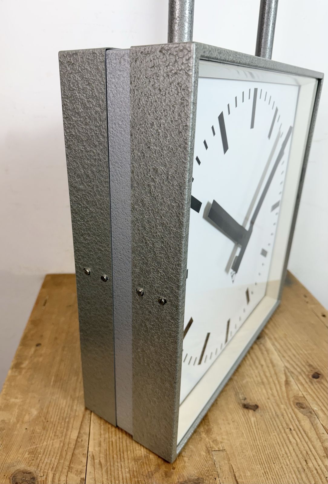 photo vintage Large Square Industrial Double Sided Factory Clock From Pragotron, 1960s