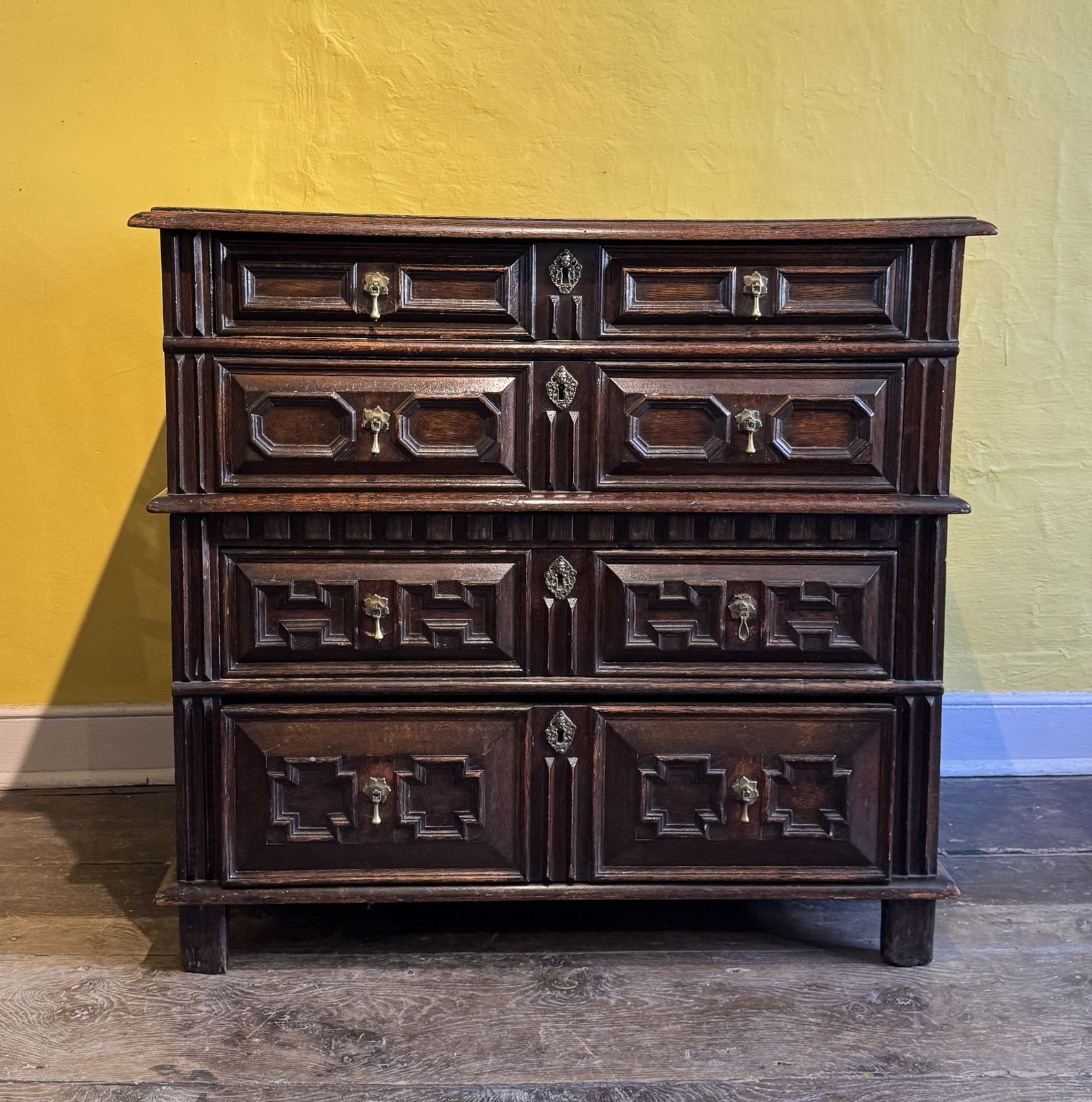 Charles II Oak Two Part Chest Of Drawers With Geometric Mouldings