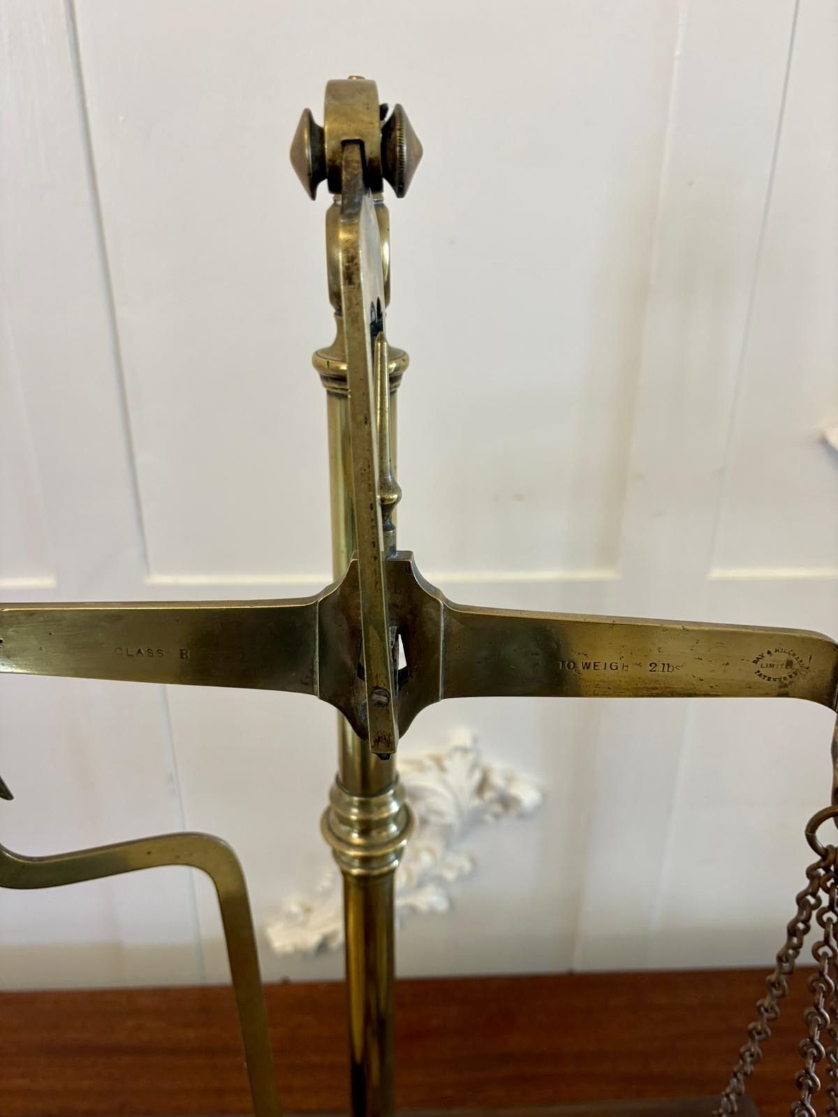 photo furniture Antique 19th Century Apothecary Balance Scales Brass Mahogany Day & Millward Complete With Weights