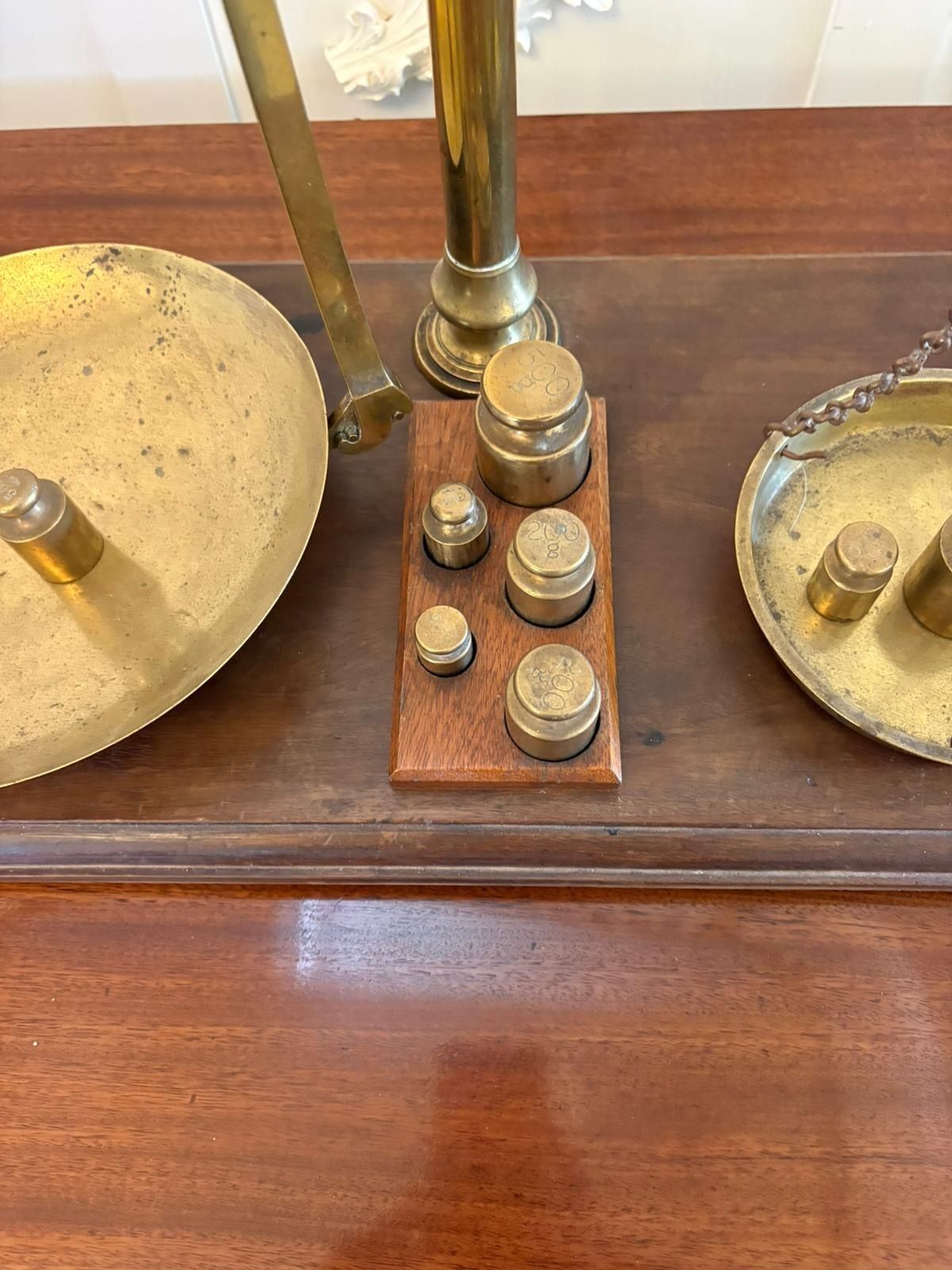 885.0 Antique 19th Century Apothecary Balance Scales Brass Mahogany Day & Millward Complete With Weights photo